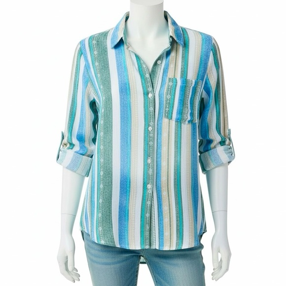 Astylish Tops - NWOT Striped Blue Green Aztec Print Button Down Shirt Roll Tab Sleeves S